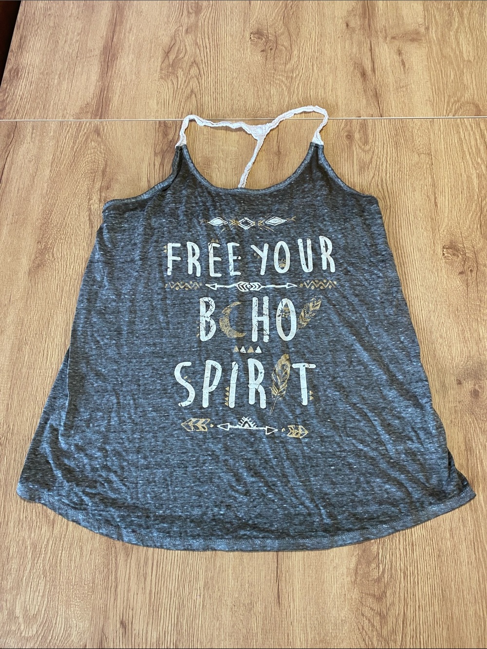 Maurices Gray Graphic Racerback Tank with White Straps